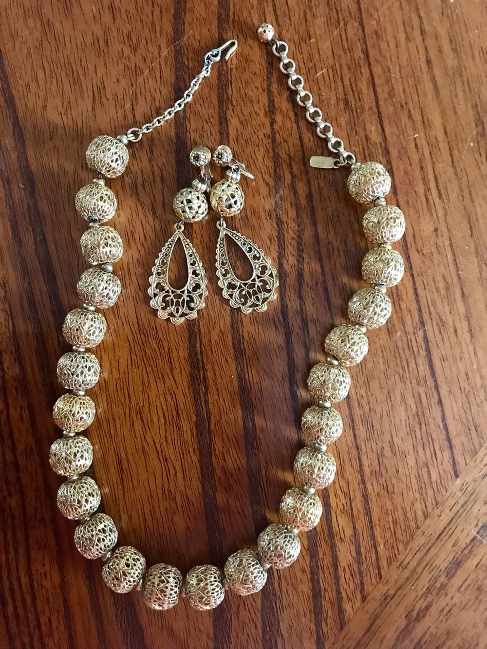 Vintage Monet - (rare) Gold Filigree Bead Necklace & Drop Earrings Set